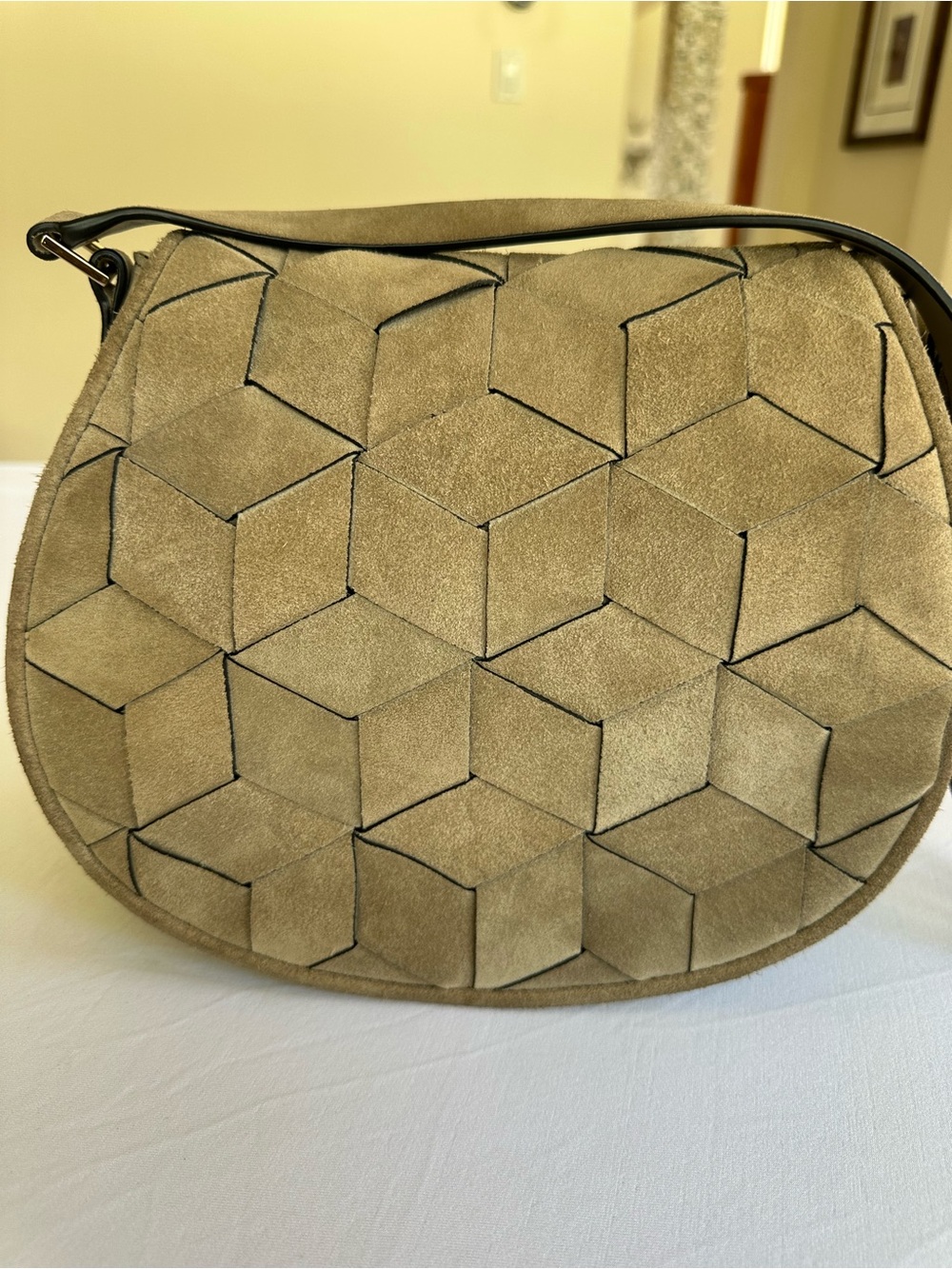 Welden  Escapade Handmade Suede  Crossbody Geometric Saddle Bag in Taupe